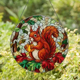 Red Squirrel Pumpkin Autumn Leaves Stained Glass Tiffany Style Art Home Decor Gift Stained Glass Suncatcher