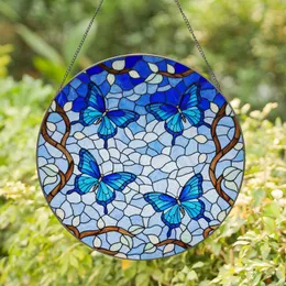 Blue Butterflies Tiffany Stained Glass Mosaic Art with Intricate Branches & Leaves Stained Glass Suncatcher