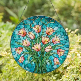 Blooming Tulips Tiffany Stained Glass Art Jewel Tones Teal Aqua Mosaic Decor Stained Glass Suncatcher