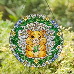 Golden Hamster 'Sunny' Stained Glass Art - Daisy Flower Leafy Vine Tiffany Design Stained Glass Suncatcher