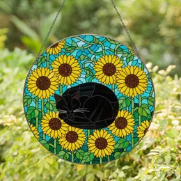 Black Cat Sunflowers Stained Glass Mosaic Art - Tiffany Style Home Decor Gift for Cat Lovers Stained Glass Suncatcher