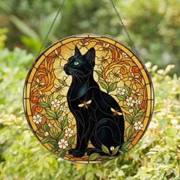 Black Cat Green Eyes Tiffany Stained Glass Golden Butterflies Floral Foliage Mosaic Stained Glass Suncatcher