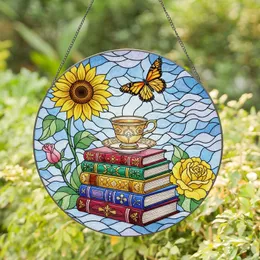 Colorful Stained Glass Books Teacup Sunflowers Roses Monarch Butterfly Intricate Jewel Tones Stained Glass Suncatcher