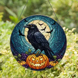 Black Crow Spooky Jack-O'-Lantern Moonlit Night Sky Stained Glass - Halloween Autumn Decor Stained Glass Suncatcher