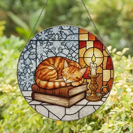 Sleeping Orange Tabby Cat Stained Glass Books Candle Snowflake Ice Crystal Tiffany Style Stained Glass Suncatcher