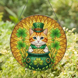 Tabby Cat Leprechaun Pot of Gold Shamrock Celtic Knot Sunburst - St. Patrick's Day Cat Lover Gift Stained Glass Suncatcher