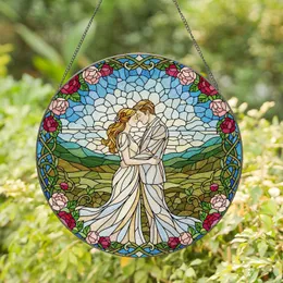 Intimate Embracing Couple Tiffany Style Stained Glass Blooming Roses Dreamlike Landscape Art Stained Glass Suncatcher