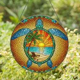 Sea Turtle Stained Glass Mosaic Tropical Beach Sunset Palm Tree Turquoise Ocean Art Stained Glass Suncatcher