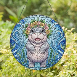 Chubby Baby Hippo with Flower Wreath & Aquatic Mosaic Stained Glass Jewel Tones Art Stained Glass Suncatcher