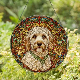 Fluffy Cream Goldendoodle Dog Stained Glass Tiffany Art Nouveau Botanical Pattern Stained Glass Suncatcher