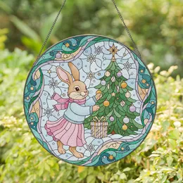 Tiffany Style Stained Glass Bunny Christmas Tree Gift - Festive Snowflake Winter Holiday Scene Stained Glass Suncatcher
