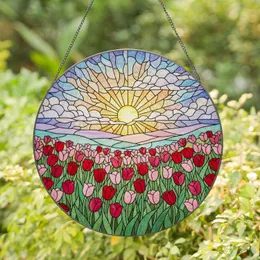 Blooming Red Pink Tulips Field Green Leaves Tiffany Stained Glass - Sun Hills Sky Mosaic Art Stained Glass Suncatcher