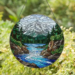 Mountain Lake River Rocky Shores Pine Forest Snow Peak Cloudy Sky Tiffany Glass Design Stained Glass Suncatcher