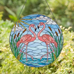 Flamingo Pair Stained Glass Mosaic Art - Vibrant Reeds Water Sky Clouds Sun Design Stained Glass Suncatcher