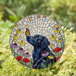 Black Dog Monarch Butterfly Wildflower Detailed Stained Glass Tiffany Art Home Decor Gift Stained Glass Suncatcher