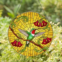 Ruby-Throated Hummingbird Stained Glass, Red Bell Flowers, Amber Sunburst Mosaic Art Stained Glass Suncatcher