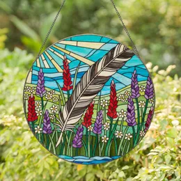 Ornate Feather Stained Glass Mosaic with Flowering Stalks & Tiffany Jewel Tones Stained Glass Suncatcher