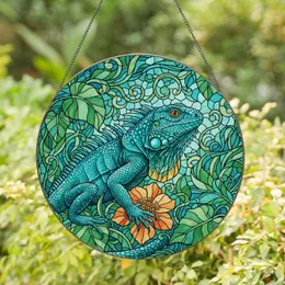 Blue Teal Iguana Lizard Spiked Reptile Tiffany Glass Jewel Tones Jungle Flora Gift Stained Glass Suncatcher