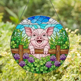 Piglet Stained Glass Fence Clover Blossom Field Tiffany Style Window Art Gift Stained Glass Suncatcher