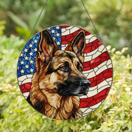 German Shepherd Dog American Flag Tiffany Style Stained Glass - Patriotic Dog Lover Gift Stained Glass Suncatcher