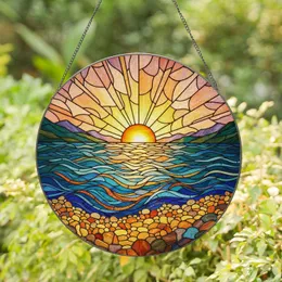 Brilliant Sun Ocean Waves Beach Pebbles Mountains Tiffany Style Stained Glass Scene Stained Glass Suncatcher