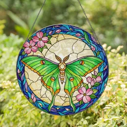Luna Moth Crescent Moon Pink Dogwood Flowers - Glowing Translucent Intricate Jewel Tones Stained Glass Suncatcher