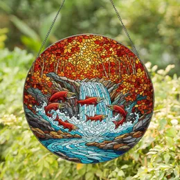 Red Salmon Waterfall Autumn Forest River Currents Tiffany Stained Glass Jewel Tone Art Stained Glass Suncatcher