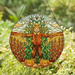 Intricate Scarecrow Jack-o'-Lantern Stained Glass Autumn Cornfield - Fall Harvest Stained Glass Suncatcher