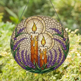 Glowing Candles Lavender Sprigs Melted Wax Tiffany Stained Glass Mosaic Art Jewel Tones Stained Glass Suncatcher