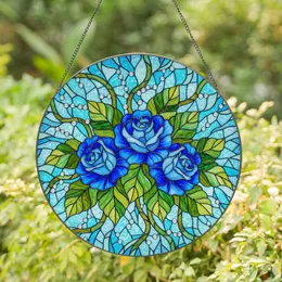 Tiffany Style Blue Roses Stained Glass Mosaic Art - Intricate Floral Design Stained Glass Suncatcher