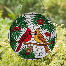 Male Female Cardinals Pine Branch Berries Pinecone - Tiffany Style Nature Gift Home Decor Stained Glass Suncatcher