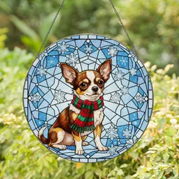 Chihuahua Dog Stained Glass Winter Snowflakes Art - Festive Ruby Emerald Holiday Gift Decor Stained Glass Suncatcher