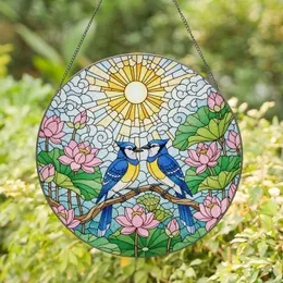 Two Blue Jays Pink Lotus Flowers Tiffany Stained Glass Radiant Sunburst Nature Art Stained Glass Suncatcher