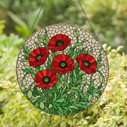 Red Poppies Tiffany Stained Glass Mosaic Flower Art with Lush Green Foliage & Buds Stained Glass Suncatcher