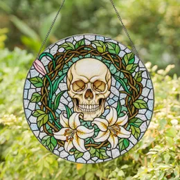 Realistic Human Skull Lilies Thorny Vines Stained Glass Mosaic Tiffany Style Decor Stained Glass Suncatcher