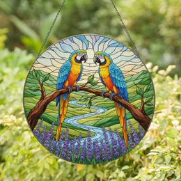 Blue Gold Macaw Stained Glass Art with Purple Lavender Flowers & Scenic Landscape River Stained Glass Suncatcher