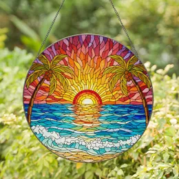 Vibrant Detailed Stained Glass Glowing Sunset Ocean Palm Trees Crashing Waves Sandy Beach Stained Glass Suncatcher