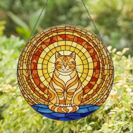 Ginger Cream Cat Stained Glass Mosaic - Tiffany Style, Intricate Blue Ground, Jewel Tones Stained Glass Suncatcher