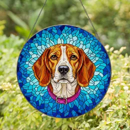 Beagle Dog Stained Glass Tiffany Style Mosaic Art - Jewel Tone Blue Teal Background Stained Glass Suncatcher