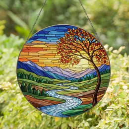 Autumn Tree Multi-Hued Leaves, Glowing Sunset Mountain River Landscape Scene Stained Glass Suncatcher
