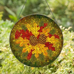 Dense Pinecone Autumn Leaves Ruby Berries Evergreen Tiffany Style Forest Floor Window Decor Stained Glass Suncatcher