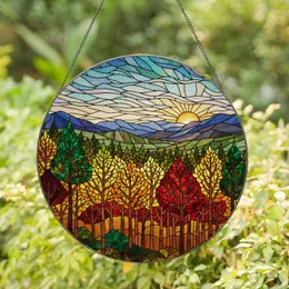 Autumn Forest Mountain Landscape Stained Glass Art - Tiffany Style Jewel Tone Window Decor Stained Glass Suncatcher