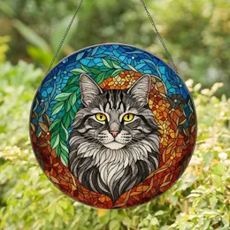 Fluffy Long Hair Tabby Cat Face Stained Glass Tiffany Mosaic Blue Green Amber Gift Stained Glass Suncatcher