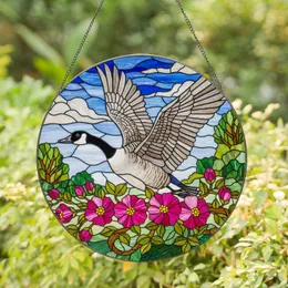 Canada Goose In Flight Tiffany Style Stained Glass Mosaic Pink Flowers Nature Landscape Art Stained Glass Suncatcher