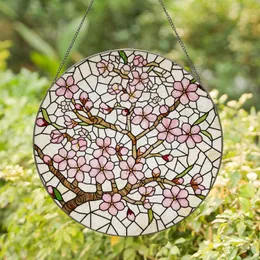 Pink Almond Blossoms Branch Stained Glass Tiffany Style Mosaic Textured Cream Background Stained Glass Suncatcher