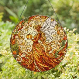 Fairy with Pumpkin, Bun Hair & Wings - Tiffany Stained Glass Autumn Foliage Decor Stained Glass Suncatcher