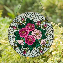 Stained Glass Pink Roses & Rosebuds - Tiffany Style Floral Mosaic Art with Leaves, Stems Stained Glass Suncatcher