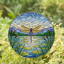 Stained Glass Dragonfly Pond Lake Scene - Tiffany Style Mountain View Wetland Art Stained Glass Suncatcher