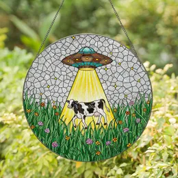 UFO Holstein Cow Abduction Stained Glass - Tiffany Style Alien Field Meadow Mosaic Stained Glass Suncatcher