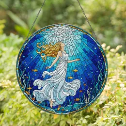 Tiffany Stained Glass Woman Underwater Mosaic Art with Sunbeams, Golden Fish, Bubbles Stained Glass Suncatcher